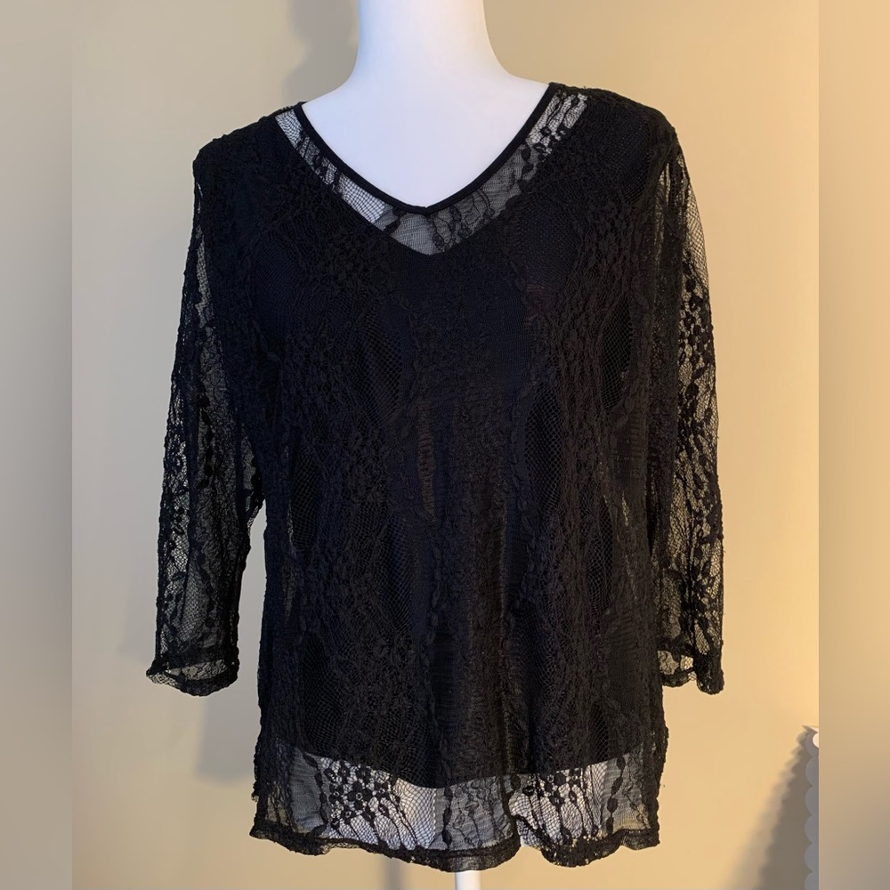 EUC Top: 2-Piece, Lacy Overlay Attached to Tank, 2/3-Sleeve, V-Neck